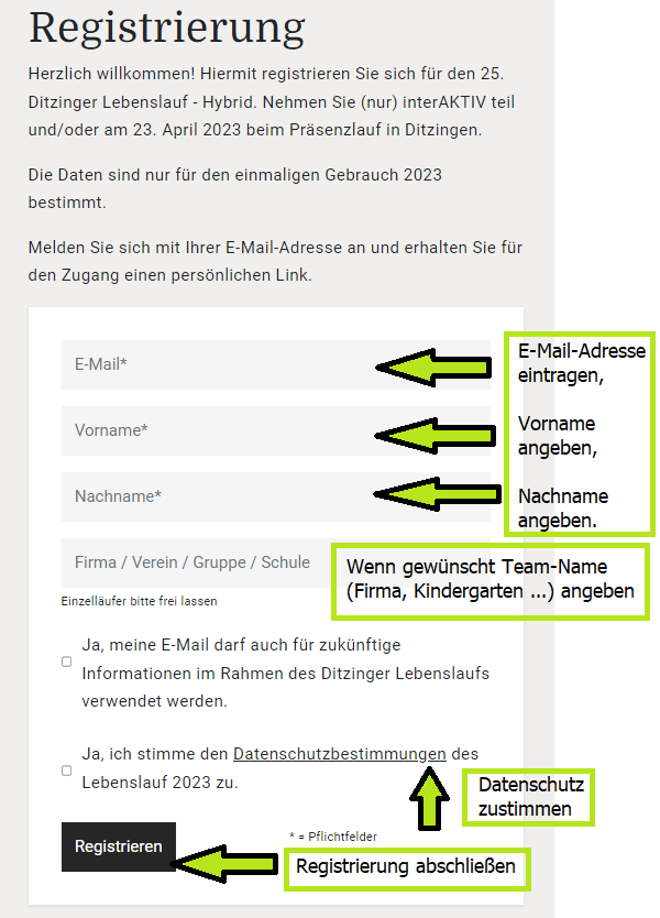 Registrierung Pfeile